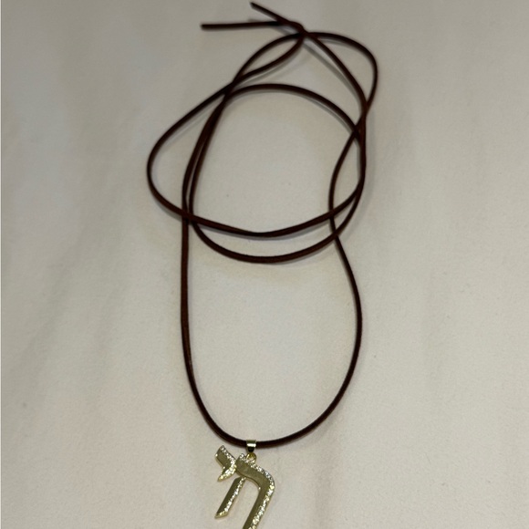 Gold Chai Hebrew Pendant on Brown Cord String Necklace - Picture 2 of 2